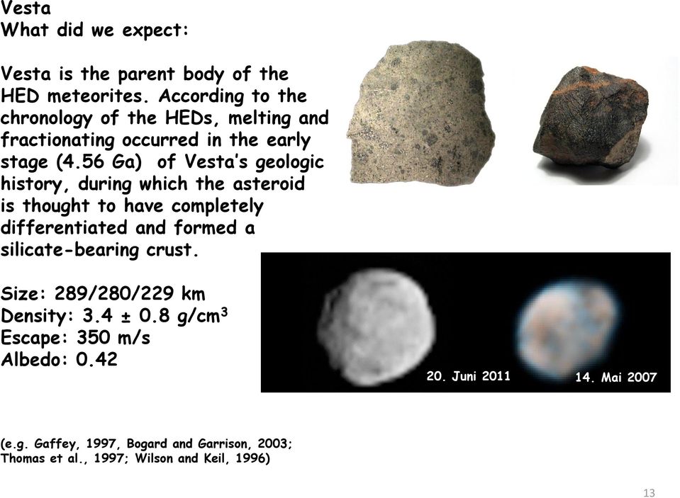 56 Ga) of Vesta s geologic history, during which the asteroid is thought to have completely differentiated and formed a