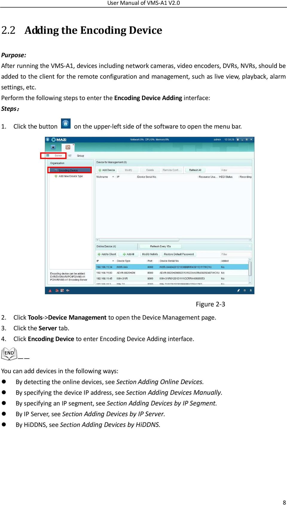 Figure 2 3 2. Click Tools >Device Management to open the Device Management page. 3. Click the Server tab. 4. Click Encoding Device to enter Encoding Device Adding interface.
