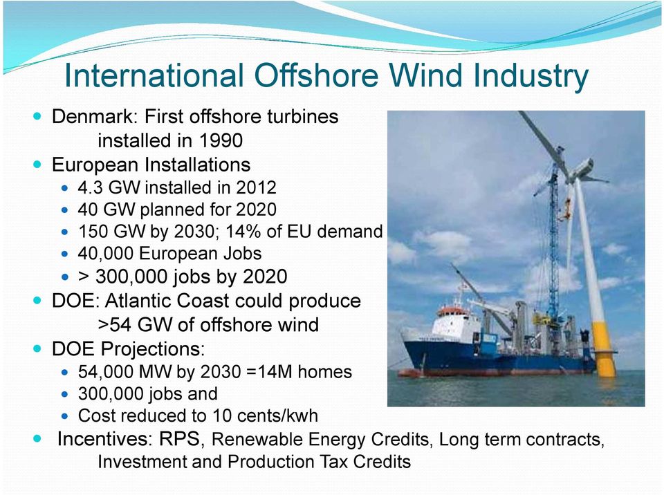 2020 DOE: Atlantic Coast could produce >54 GW of offshore wind DOE Projections: 54,000 MW by 2030 =14M homes 300,000 jobs