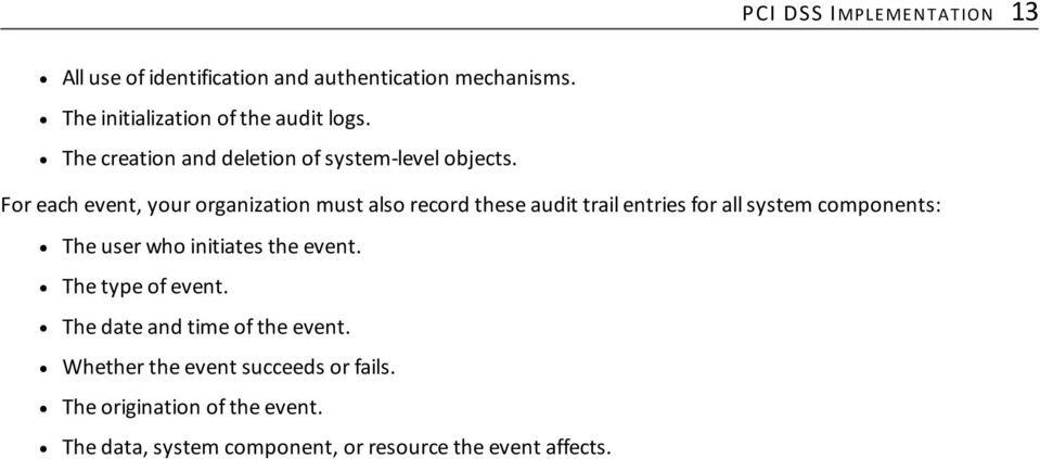 For each event, your organization must also record these audit trail entries for all system components: The user who