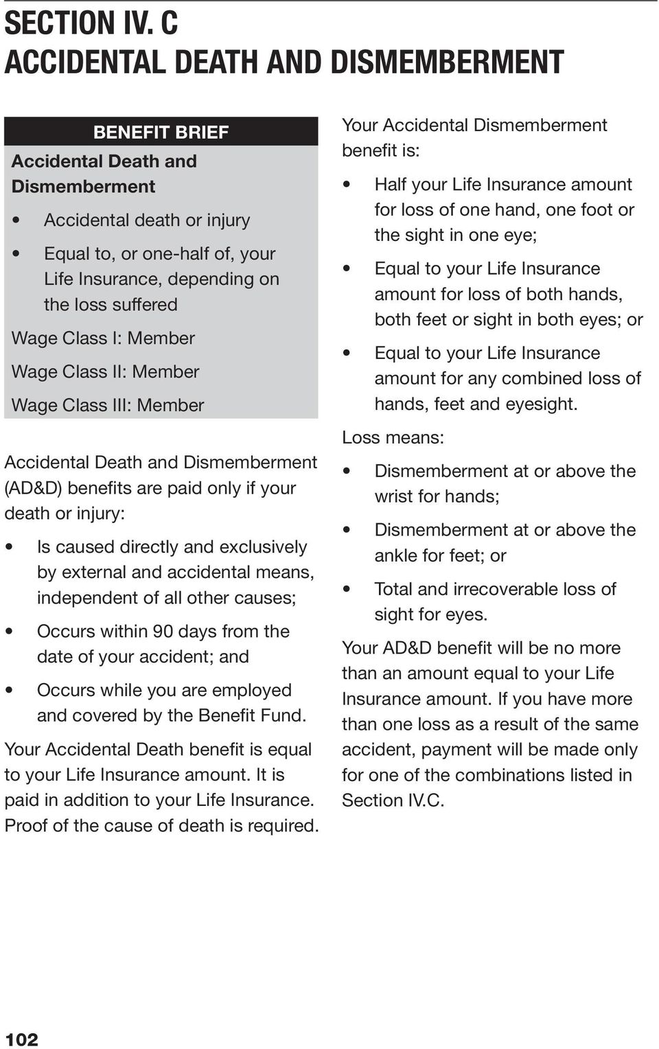 Class I: Member Wage Class II: Member Wage Class III: Member Accidental Death and Dismemberment (AD&D) benefits are paid only if your death or injury: Is caused directly and exclusively by external