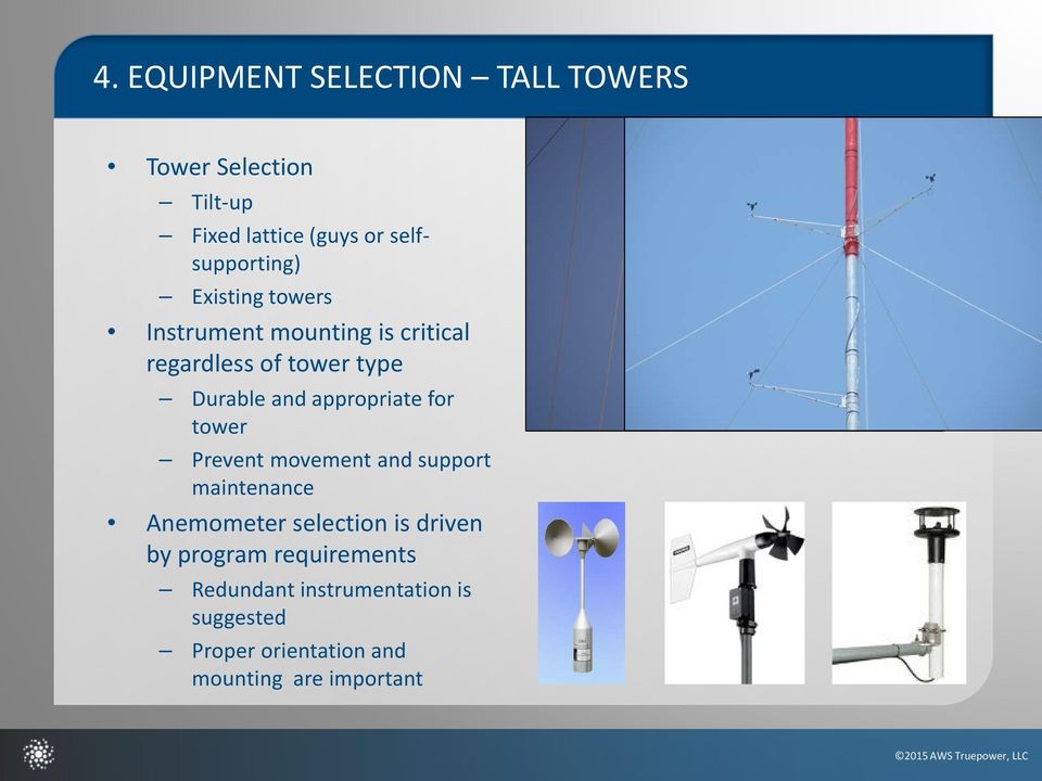 and appropriate for tower Prevent movement and support maintenance Anemometer selection is
