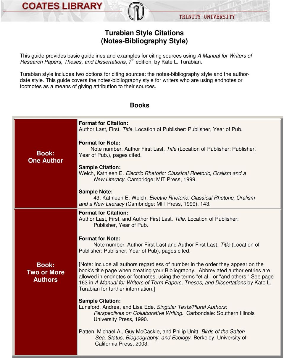 This guide covers the notes-bibliography style for writers who are using endnotes or footnotes as a means of giving attribution to their sources. Books Author Last, First. Title.