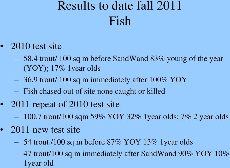 9 trout/ 100 sq m immediately after 100% YOY Fish chased out of site none caught or killed 2011 repeat of 2010