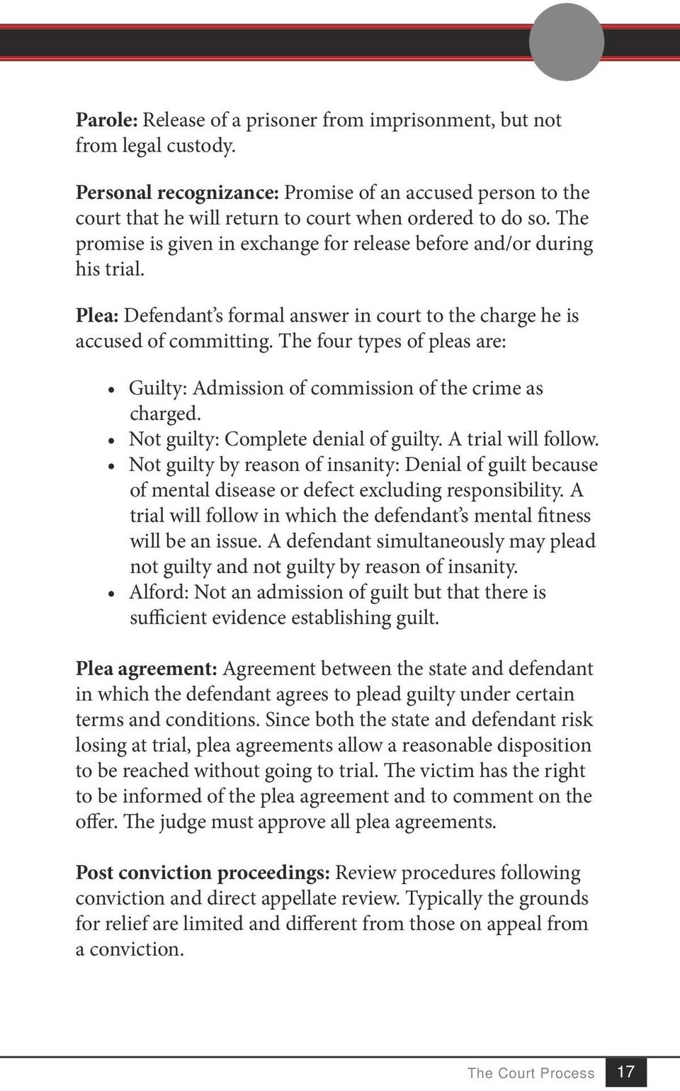 The four types of pleas are: Guilty: Admission of commission of the crime as charged. Not guilty: Complete denial of guilty. A trial will follow.