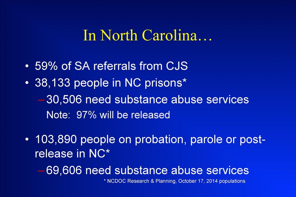 103,890 people on probation, parole or postrelease in NC* 69,606 need