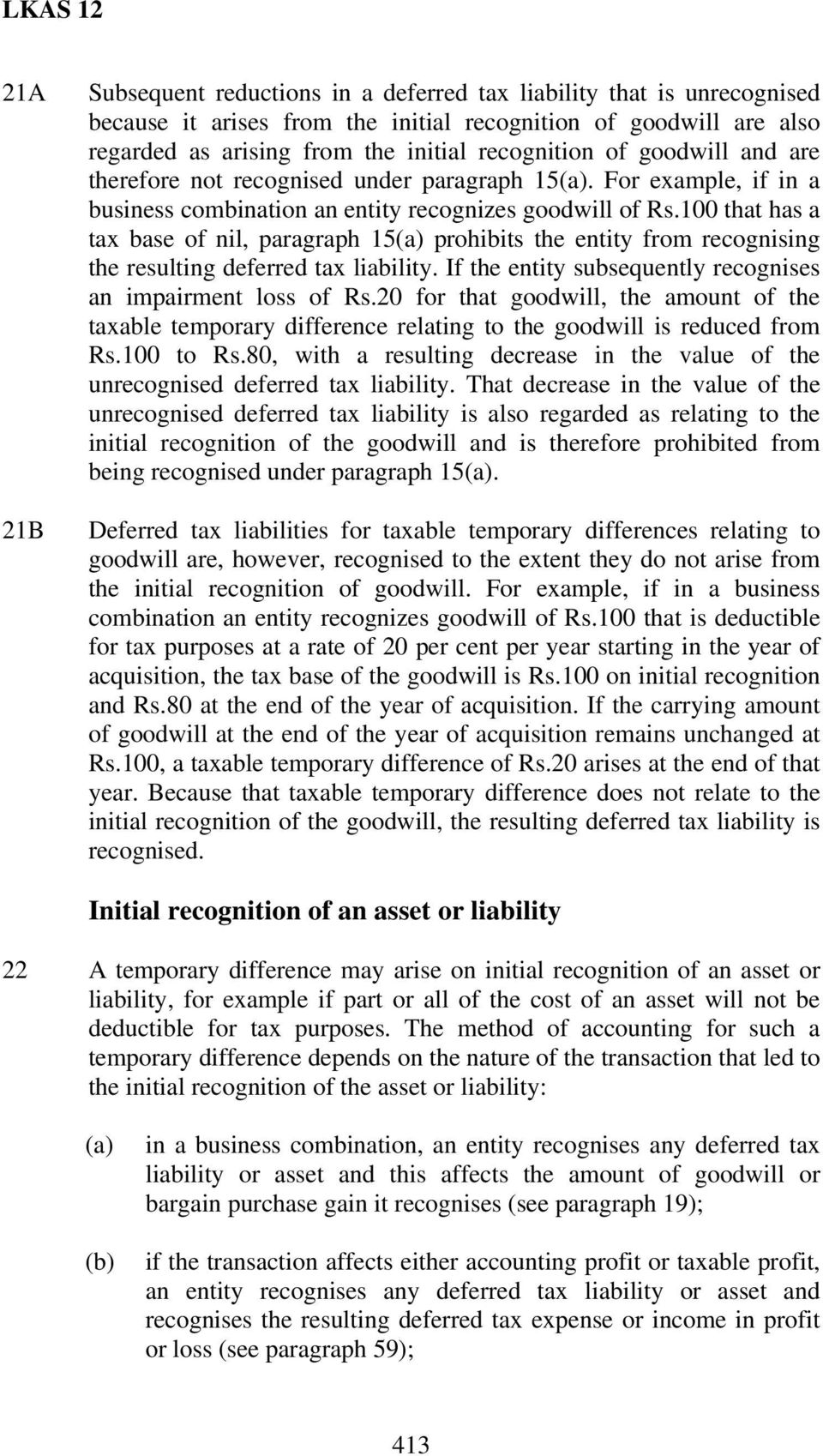100 that has a tax base of nil, paragraph 15(a) prohibits the entity from recognising the resulting deferred tax liability. If the entity subsequently recognises an impairment loss of Rs.
