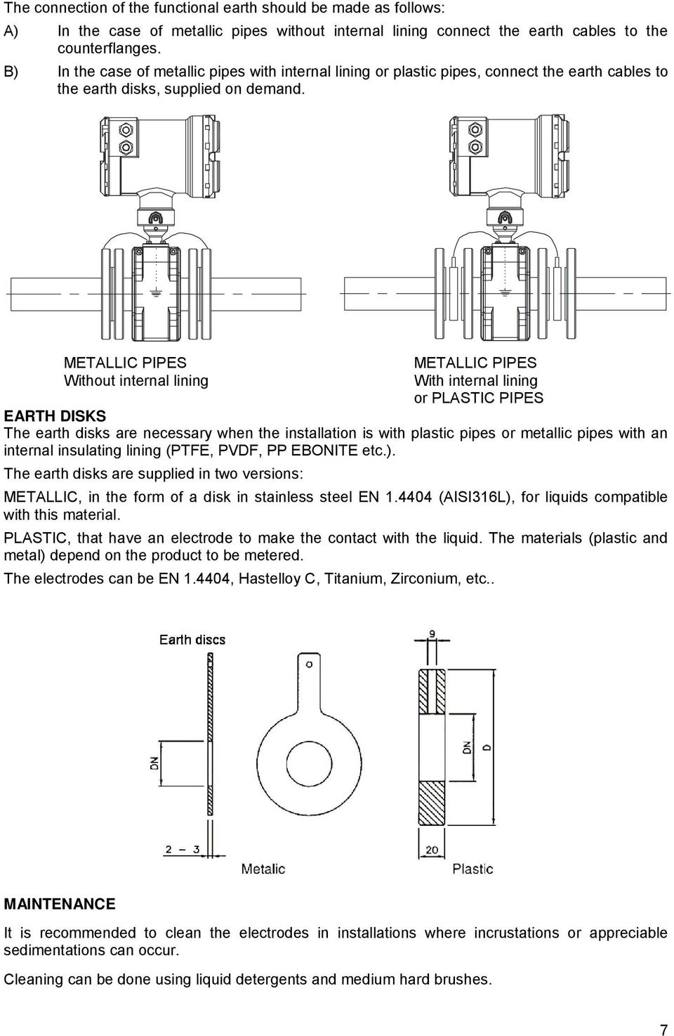 METALLIC PIPES METALLIC PIPES Without internal lining With internal lining or PLASTIC PIPES EARTH DISKS The earth disks are necessary when the installation is with plastic pipes or metallic pipes