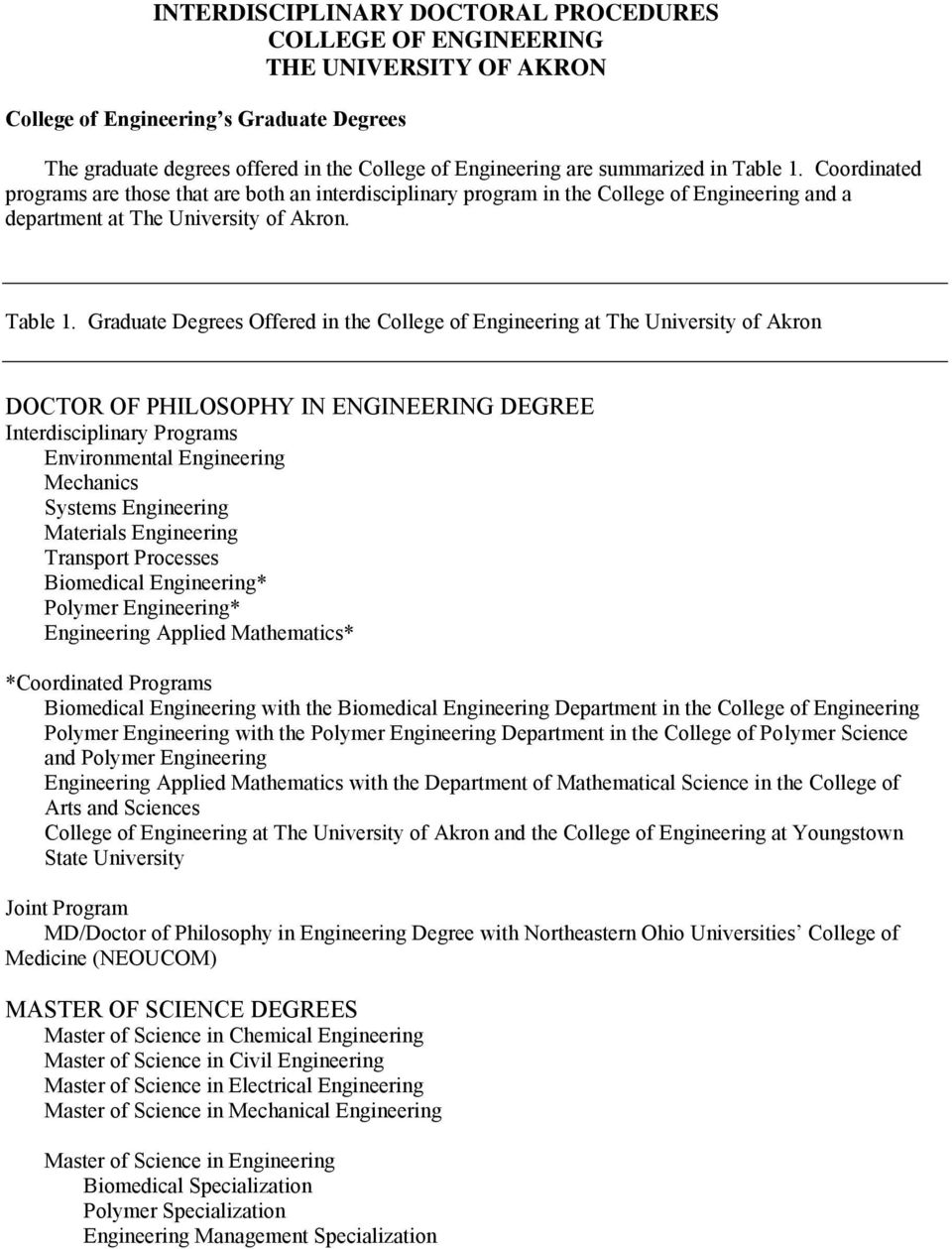 Coordinated programs are those that are both an interdisciplinary program in the College of Engineering and a department at The University of Akron. Table 1.