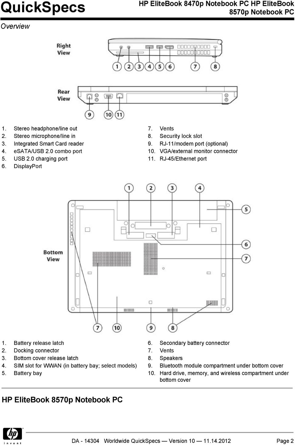 Secondary battery connector 2. Docking connector 7. Vents 3. Bottom cover release latch 8. Speakers 4. SIM slot for WWAN (in battery bay; select models) 9.