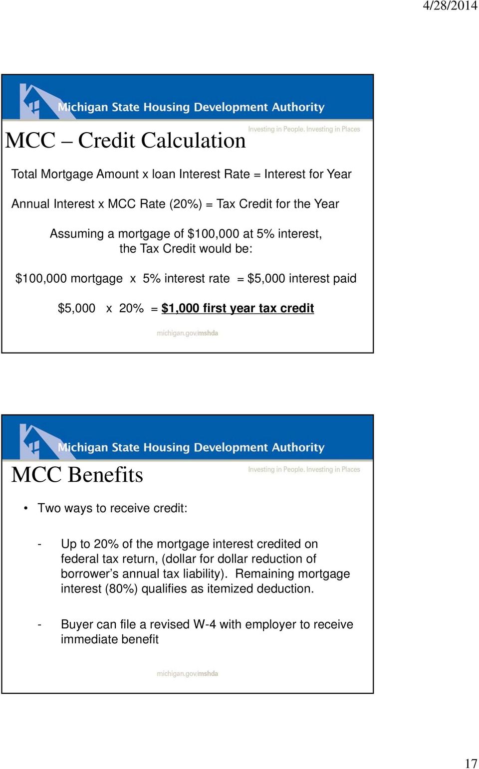 credit MCC Benefits Two ways to receive credit: - Up to 20% of the mortgage interest credited on federal tax return, (dollar for dollar reduction of borrower s