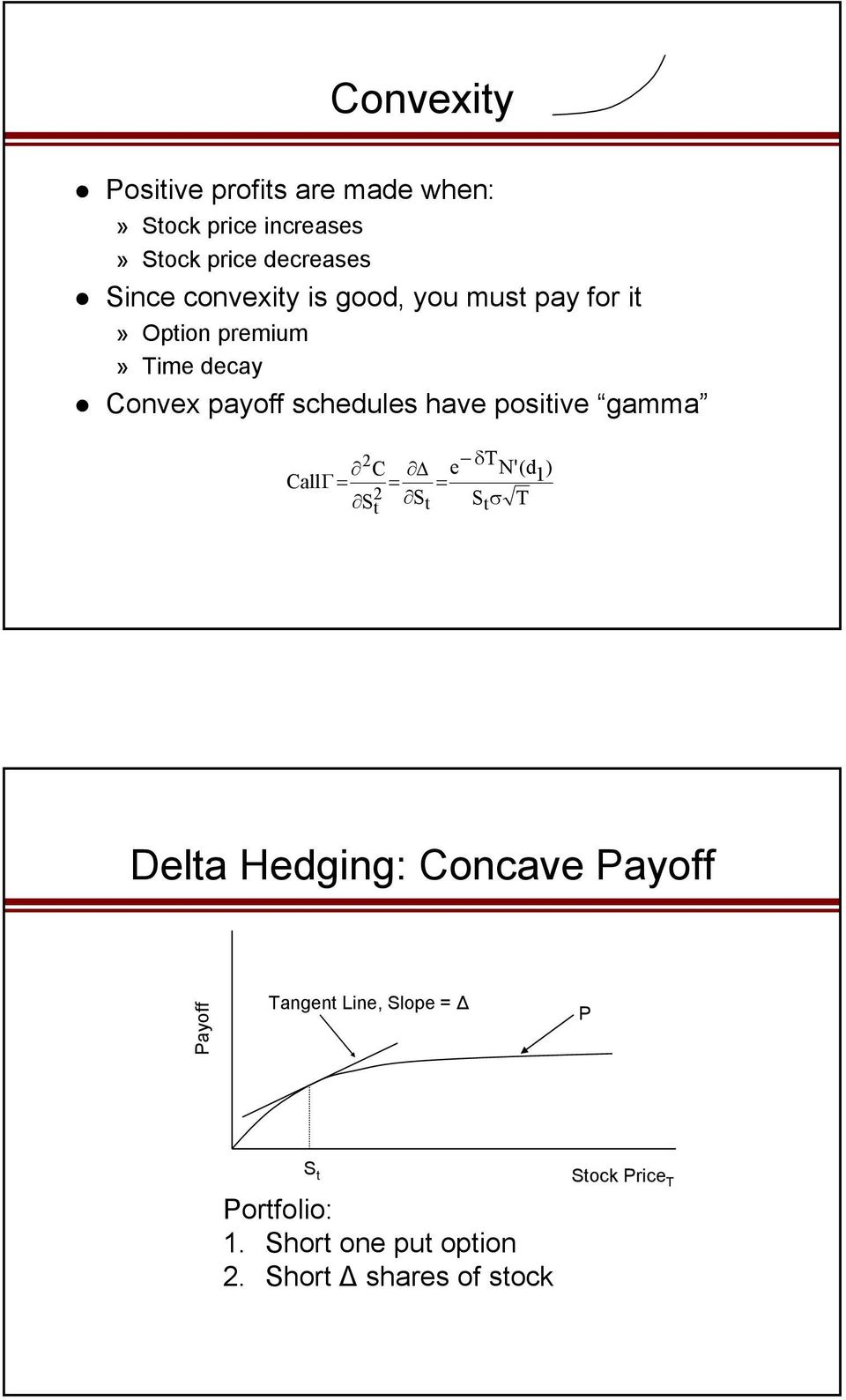 have positive gamma 2 e δt C N'(d 1 ) CallΓ= = = 2 S t St Stσ T Delta Hedging: Concave