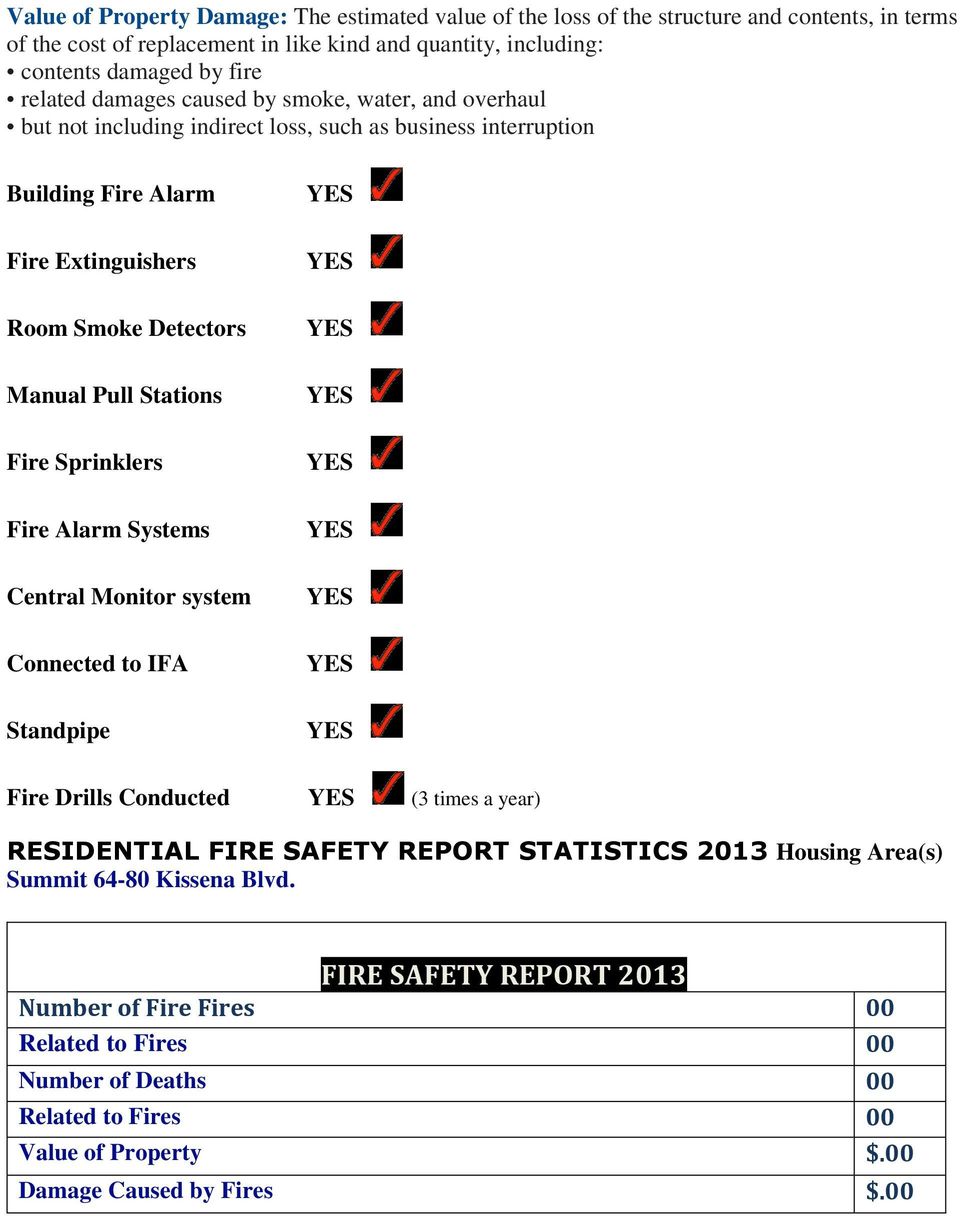 Stations Fire Sprinklers Fire Alarm Systems Central Monitor system Connected to IFA Standpipe Fire Drills Conducted (3 times a year) RESIDENTIAL FIRE SAFETY REPORT STATISTICS 2013 Housing