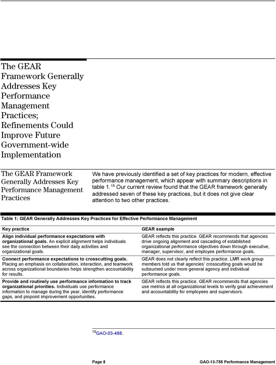 15 Our current review found that the GEAR framework generally addressed seven of these key practices, but it does not give clear attention to two other practices.