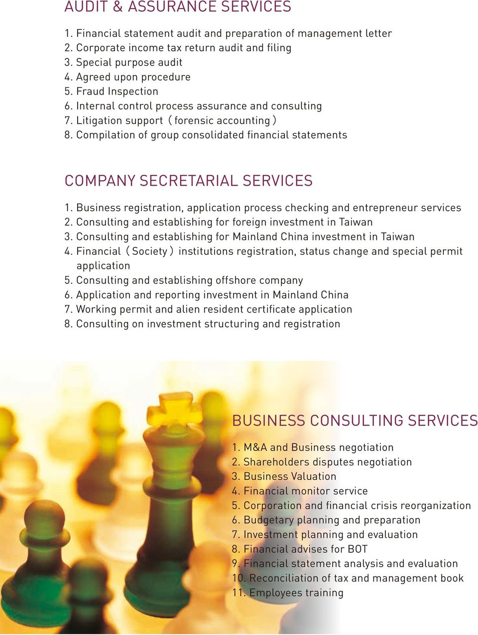 Compilation of group consolidated financial statements COMPANY SECRETARIAL SERVICES 1. Business registration, application process checking and entrepreneur services 2.