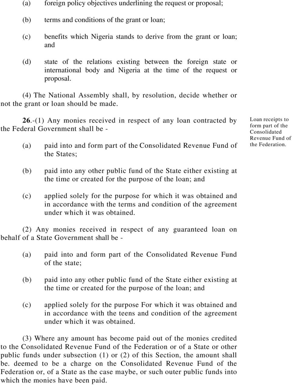 (4) The National Assembly shall, by resolution, decide whether or not the grant or loan should be made. 26.