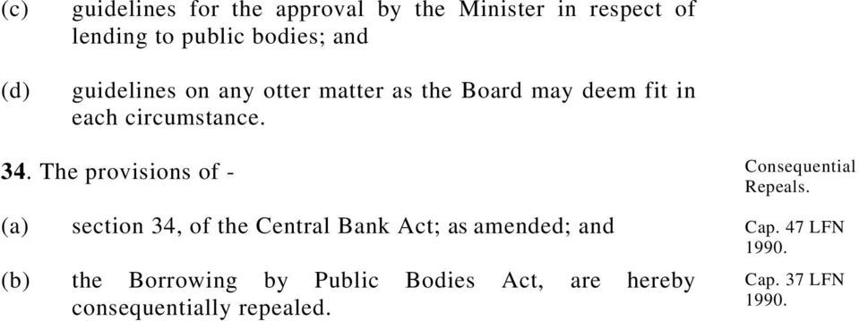 The provisions of - section 34, of the Central Bank Act; as amended; and the Borrowing by