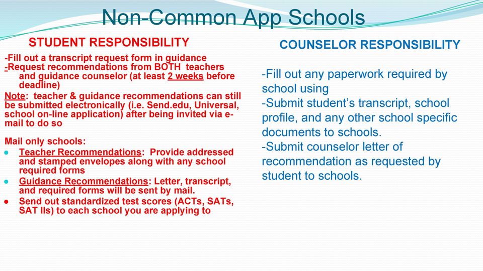 edu, Universal, school on-line application) after being invited via e- mail to do so Mail only schools: Teacher Recommendations: Provide addressed and stamped envelopes along with any school required