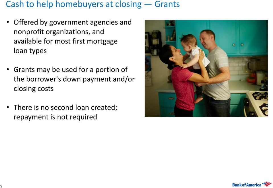 types Grants may be used for a portion of the borrower's down payment