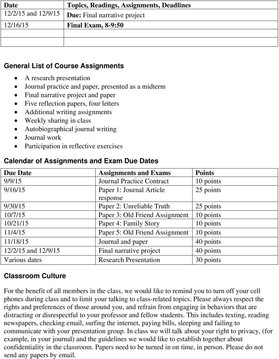 Journal work Participation in reflective exercises Calendar of Assignments and Exam Due Dates Due Date Assignments and Exams Points 9/9/15 Journal Practice Contract 10 points 9/16/15 Paper 1: Journal