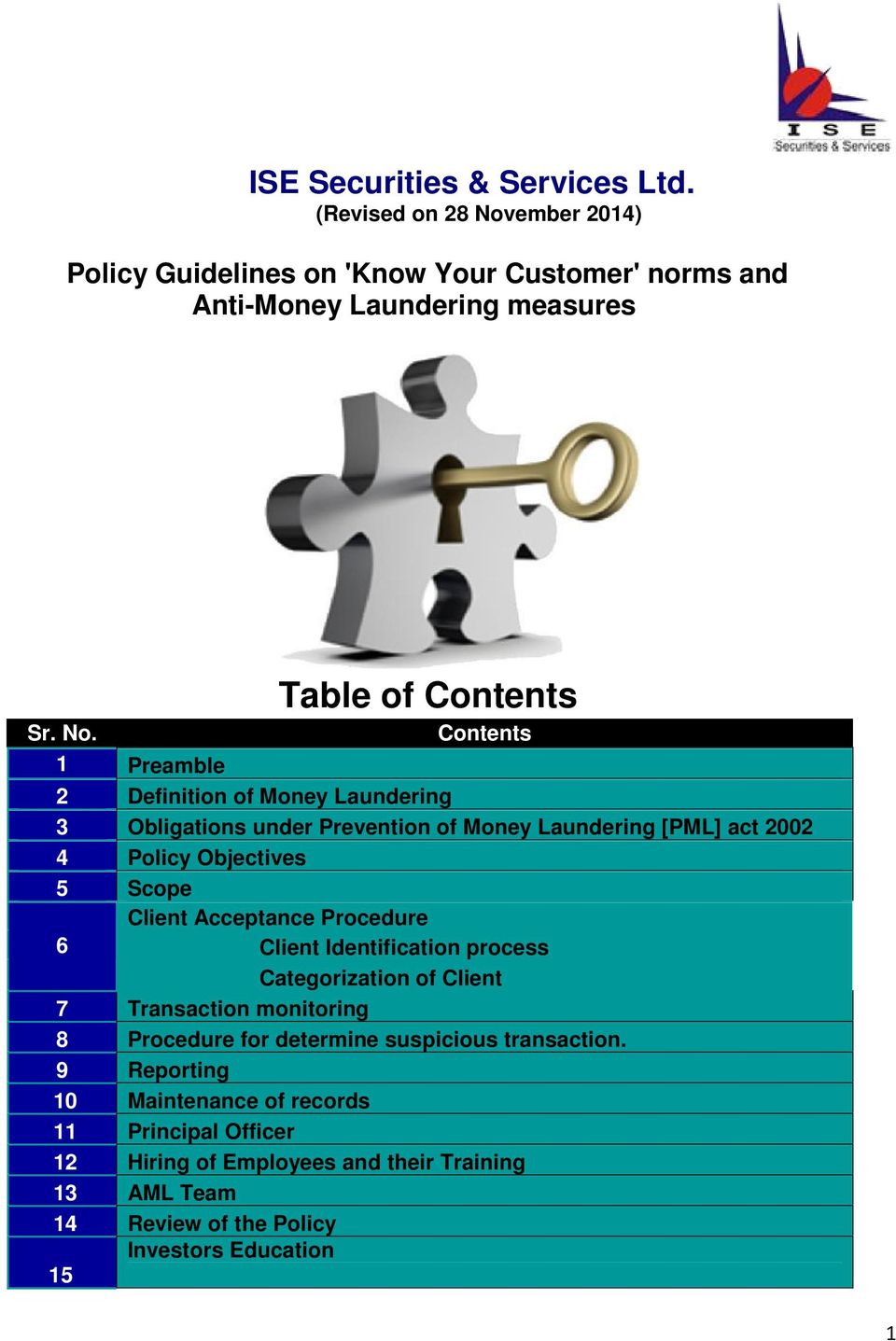ember 2014) Policy Guidelines on 'Know Your Customer' norms and Anti-Money Laundering measures Table of Contents Sr. No.