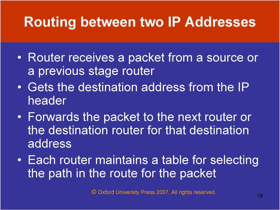 the packet to the next router or the destination router for that destination