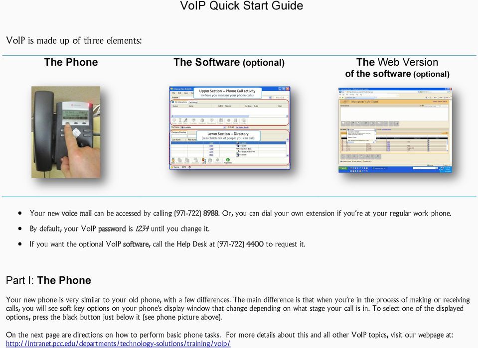 If you want the optional VoIP software, call the Help Desk at (971-722) 4400 to request it. Part I: The Phone Your new phone is very similar to your old phone, with a few differences.