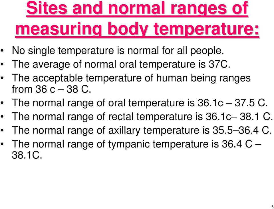 The normal range of oral temperature is 36.1c 37.5 C. The normal range of rectal temperature is 36.1c 38.1 C.