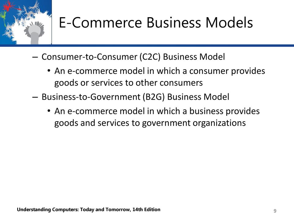 (B2G) Business Model An e-commerce model in which a business provides goods and services