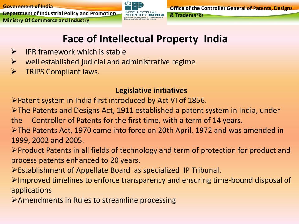 The Patents and Designs Act, 1911 established a patent system in India, under the Controller of Patents for the first time, with a term of 14 years.
