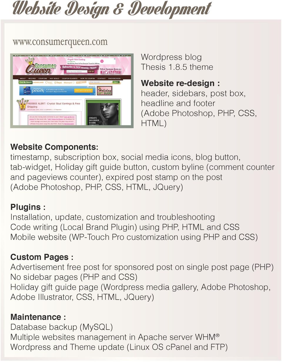 tab-widget, Holiday gift guide button, custom byline (comment counter and pageviews counter), expired post stamp on the post (Adobe Photoshop, PHP, CSS, HTML, JQuery) Plugins : Installation, update,