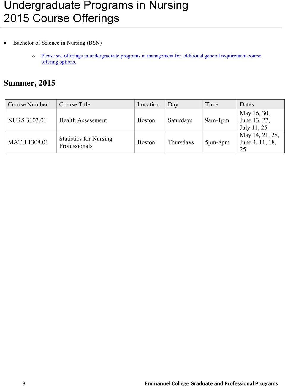 Summer, 2015 Dates NURS 3103.01 Health Assessment Boston Saturdays 9am-1pm May 16, 30, June 13, 27, July 11, 25 MATH 1308.