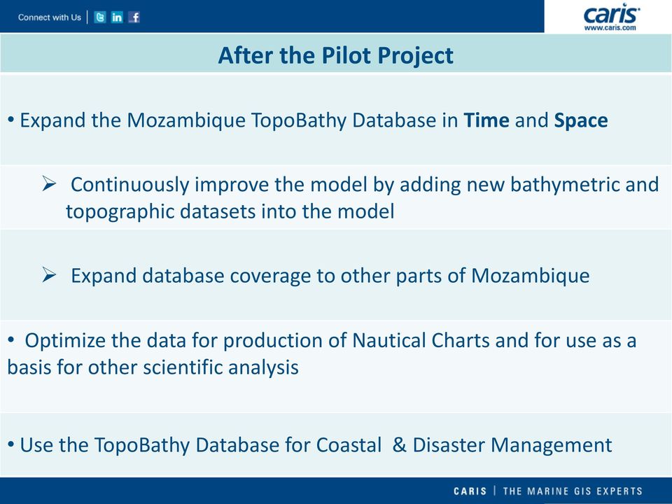 coverage to other parts of Mozambique Optimize the data for production of Nautical Charts and for