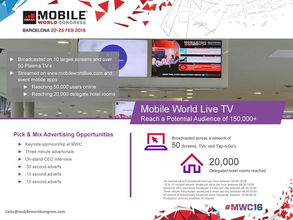 sponsorship at MWC Three minute advertorials On-stand CEO Interview :30 second adverts :15 second adverts Broadcasted across a network of 50 Screens, TVs, and Tap-n-Go s 20,000 Delegated hotel rooms