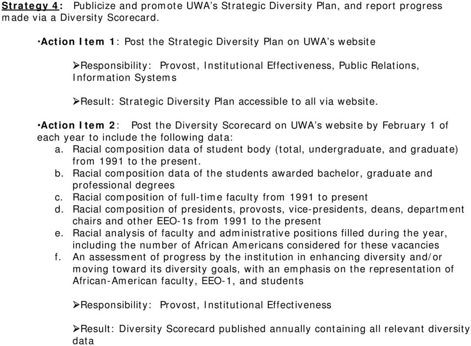 accessible to all via website. Action Item 2: Post the Diversity Scorecard on UWA s website by February 1 of each year to include the following data: a.