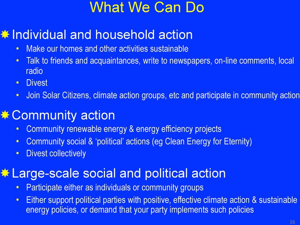 projects Community social & political actions (eg Clean Energy for Eternity) Divest collectively Large-scale social and political action Participate either as individuals