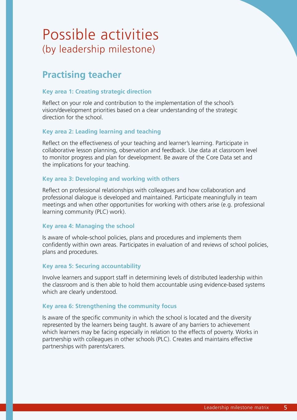 Key area 2: Leading learning and teaching Reflect on the effectiveness of your teaching and learner s learning. Participate in collaborative lesson planning, observation and feedback.