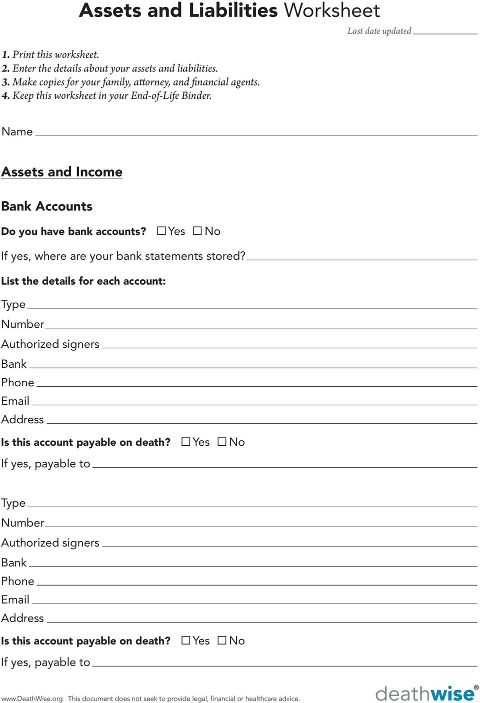 Assets and Liabilities Worksheet - PDF Free Download Inside Assets And Liabilities Worksheet