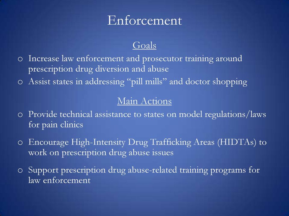 to states on model regulations/laws for pain clinics o Encourage High-Intensity Drug Trafficking Areas (HIDTAs)