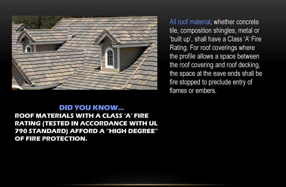 All roof material; whether concrete tile, composition shingles, metal or built up, shall have a Class A Fire