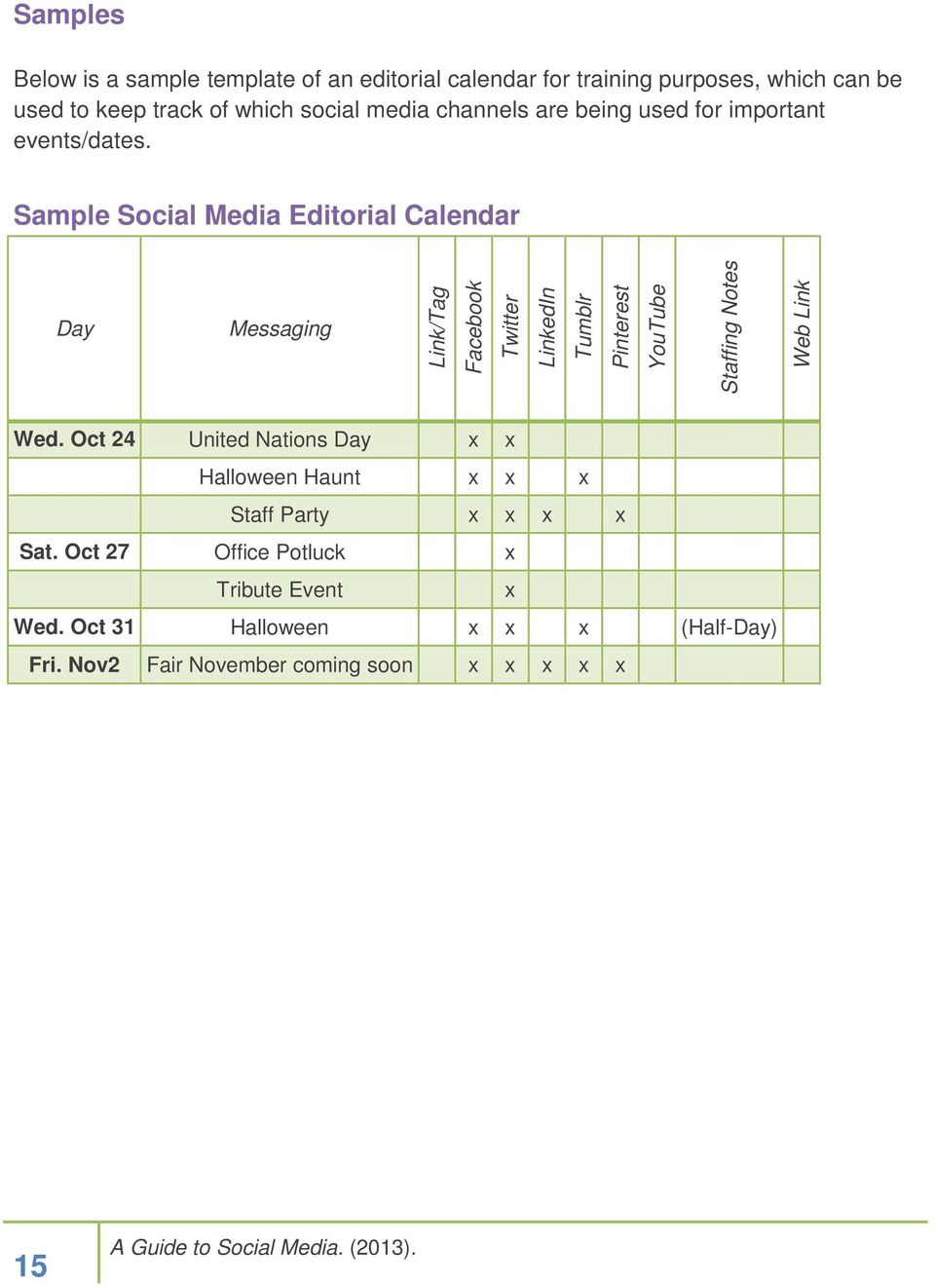 Sample Social Media Editorial Calendar Day Messaging Link/Tag Facebook Twitter LinkedIn Tumblr Pinterest YouTube Staffing Notes Web
