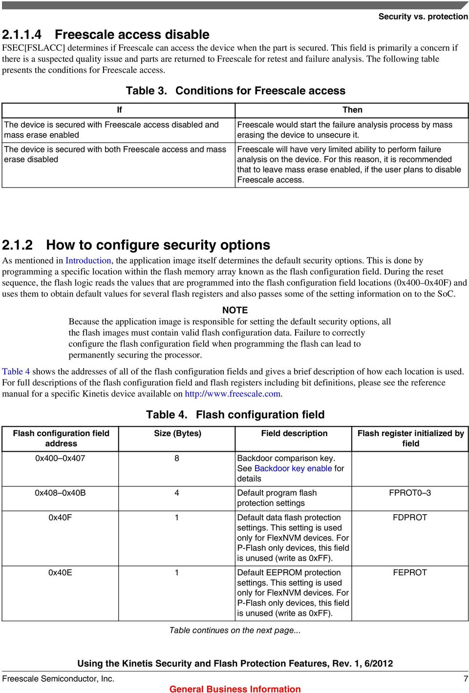 The following table presents the conditions for Freescale access. Table 3. Conditions for Freescale access Security vs.