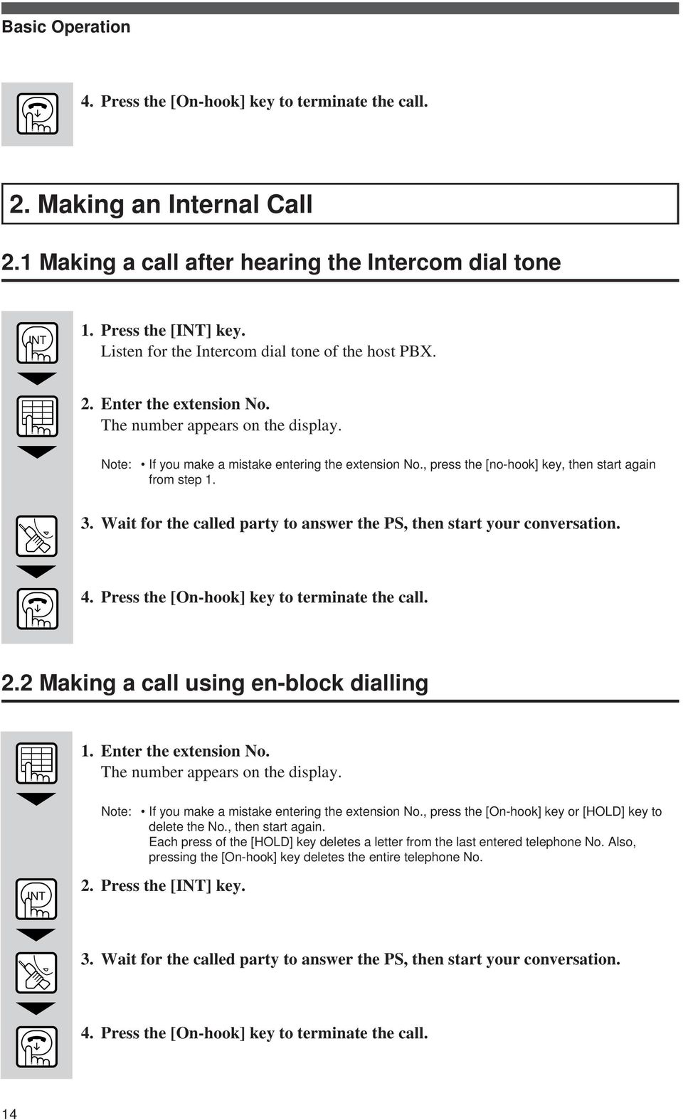 , press the [no-hook] key, then start again from step 1. 3. Wait for the called party to answer the PS, then start your conversation. 4. Press the [On-hook] key to terminate the call. 2.
