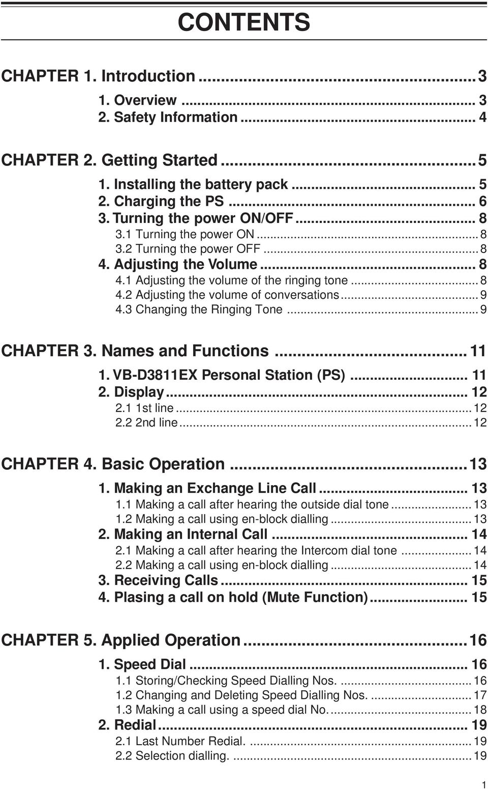 3 Changing the Ringing Tone... 9 CHAPTER 3. Names and Functions... 11 1. VB-D3811EX Personal Station (PS)... 11 2. Display... 12 2.1 1st line... 12 2.2 2nd line... 12 CHAPTER 4. Basic Operation...13 1.