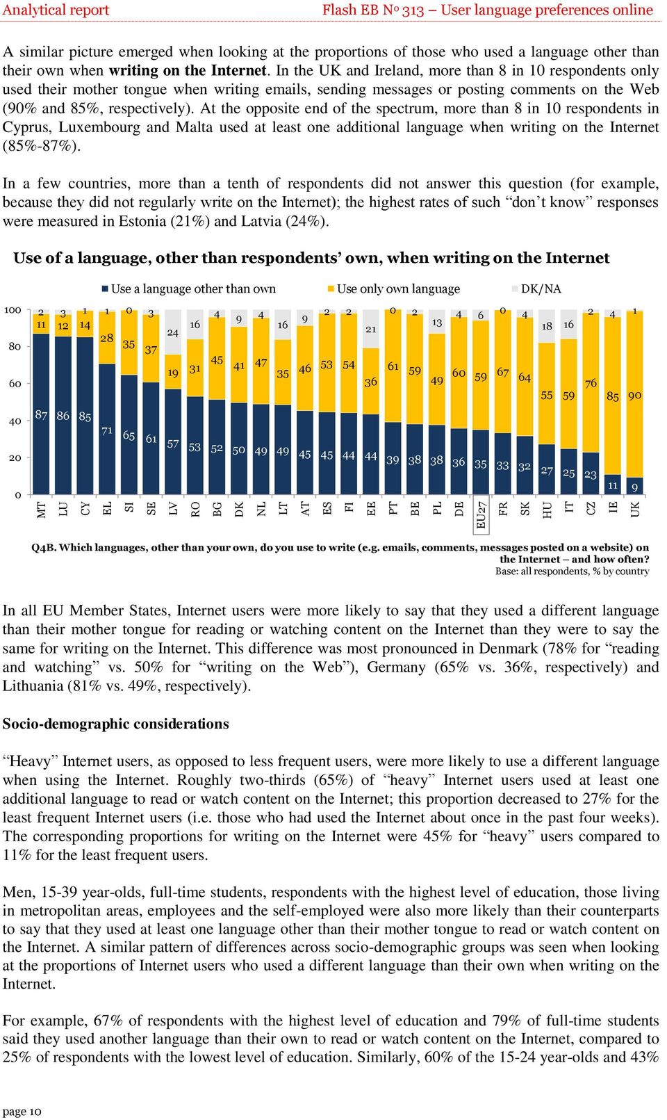 In the UK and Ireland, more than 8 in 10 respondents only used their mother tongue when writing emails, sending messages or posting comments on the Web (90 and 85, respectively).