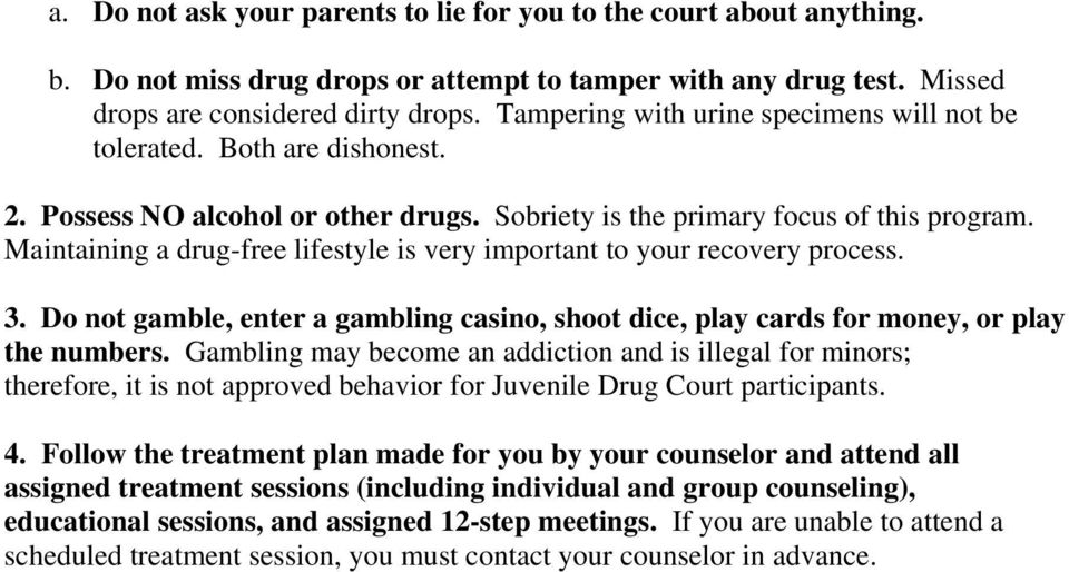 Maintaining a drug-free lifestyle is very important to your recovery process. 3. Do not gamble, enter a gambling casino, shoot dice, play cards for money, or play the numbers.