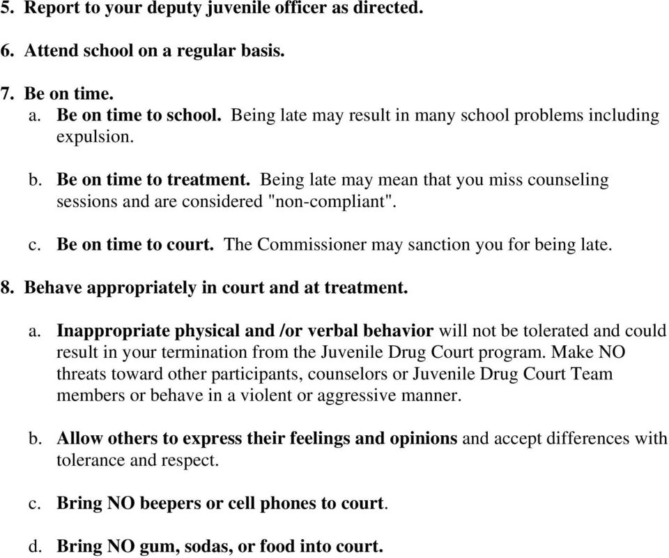 Behave appropriately in court and at treatment. a. Inappropriate physical and /or verbal behavior will not be tolerated and could result in your termination from the Juvenile Drug Court program.
