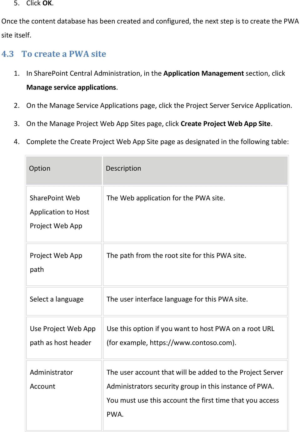 On the Manage Service Applications page, click the Project Server Service Application. 3. On the Manage Project Web App Sites page, click Create Project Web App Site. 4.