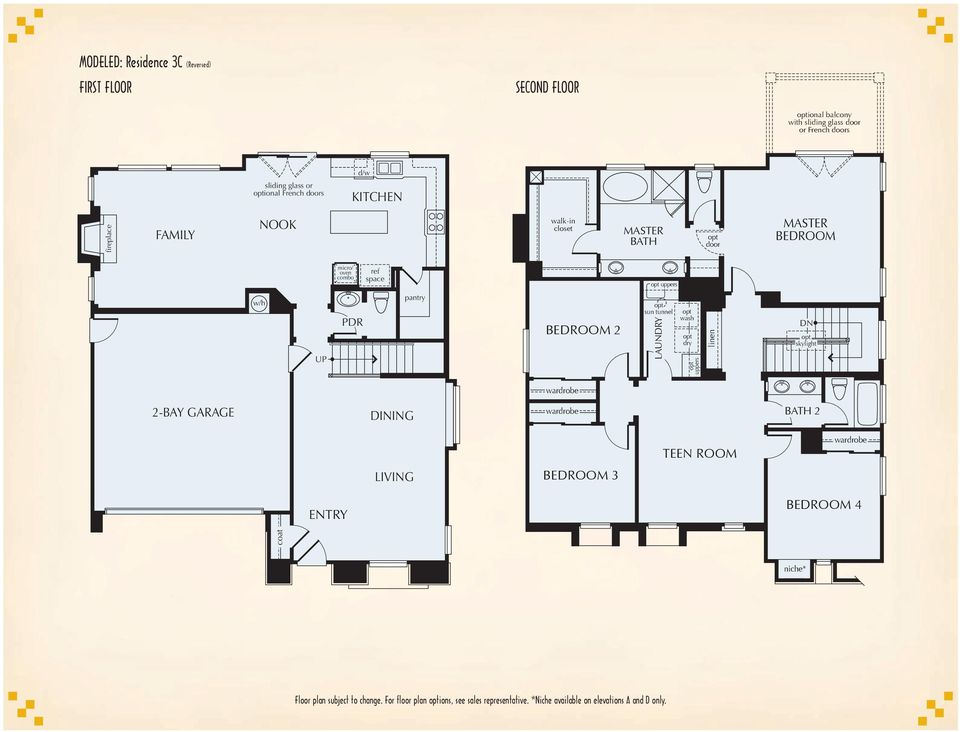 linen DN skylight 2-BAY GARAGE DINING BATH 2 TEEN ROOM LIVING ENTRY coat BEDROOM 3 BEDROOM 4 niche* Second Floor Elevation BR *Niche available on elevation A3C only