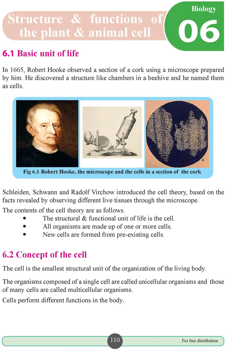 1-Robert Hooke, the microscope and the cells in a section of the cork Schleiden, Schwann and Radolf Virchow introduced the cell theory, based on the facts revealed by observing different live tissues